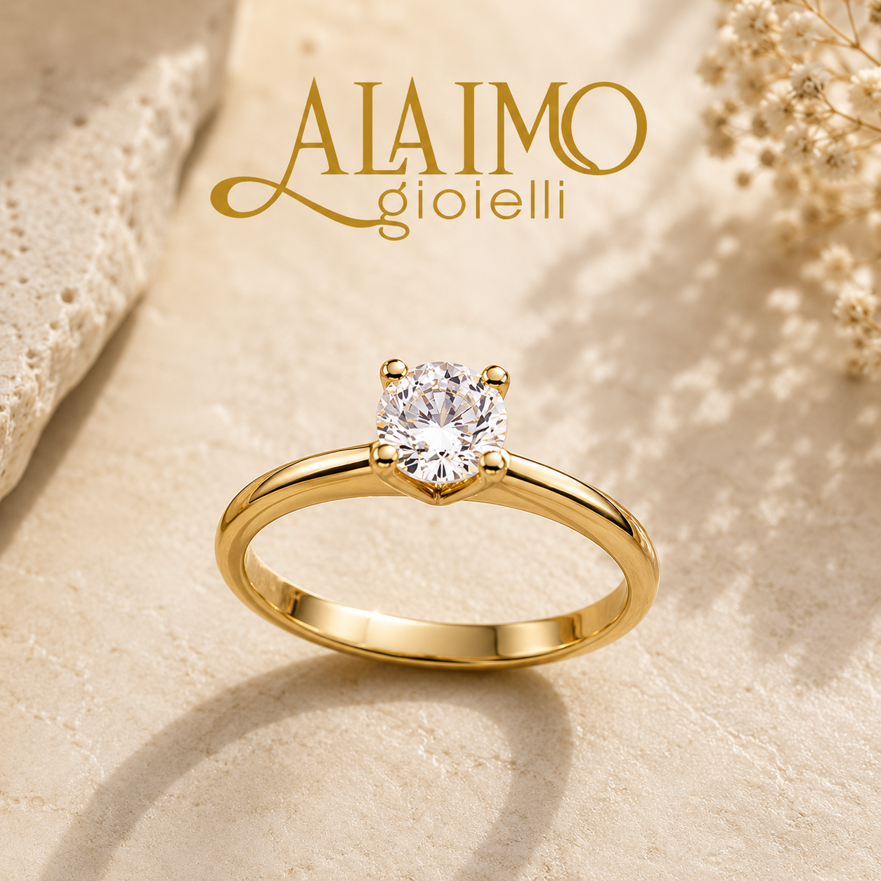 Anello solitario AS64ALG in oro giallo 18 kt con diamante brillante e gambo bombato elegante