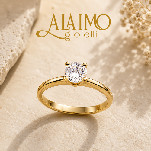 Anello solitario AS64ALG in oro giallo 18 kt con diamante brillante e gambo bombato elegante