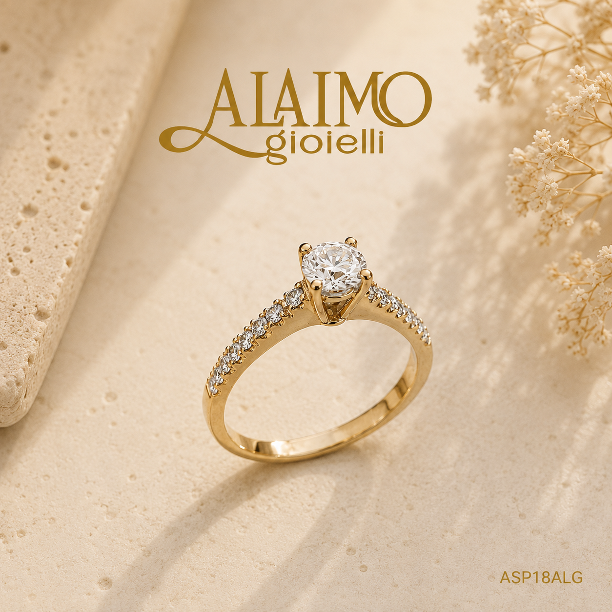 Anello solitario ASP18ALG in oro giallo 18 kt con diamante brillante e pavé di brillanti laterali