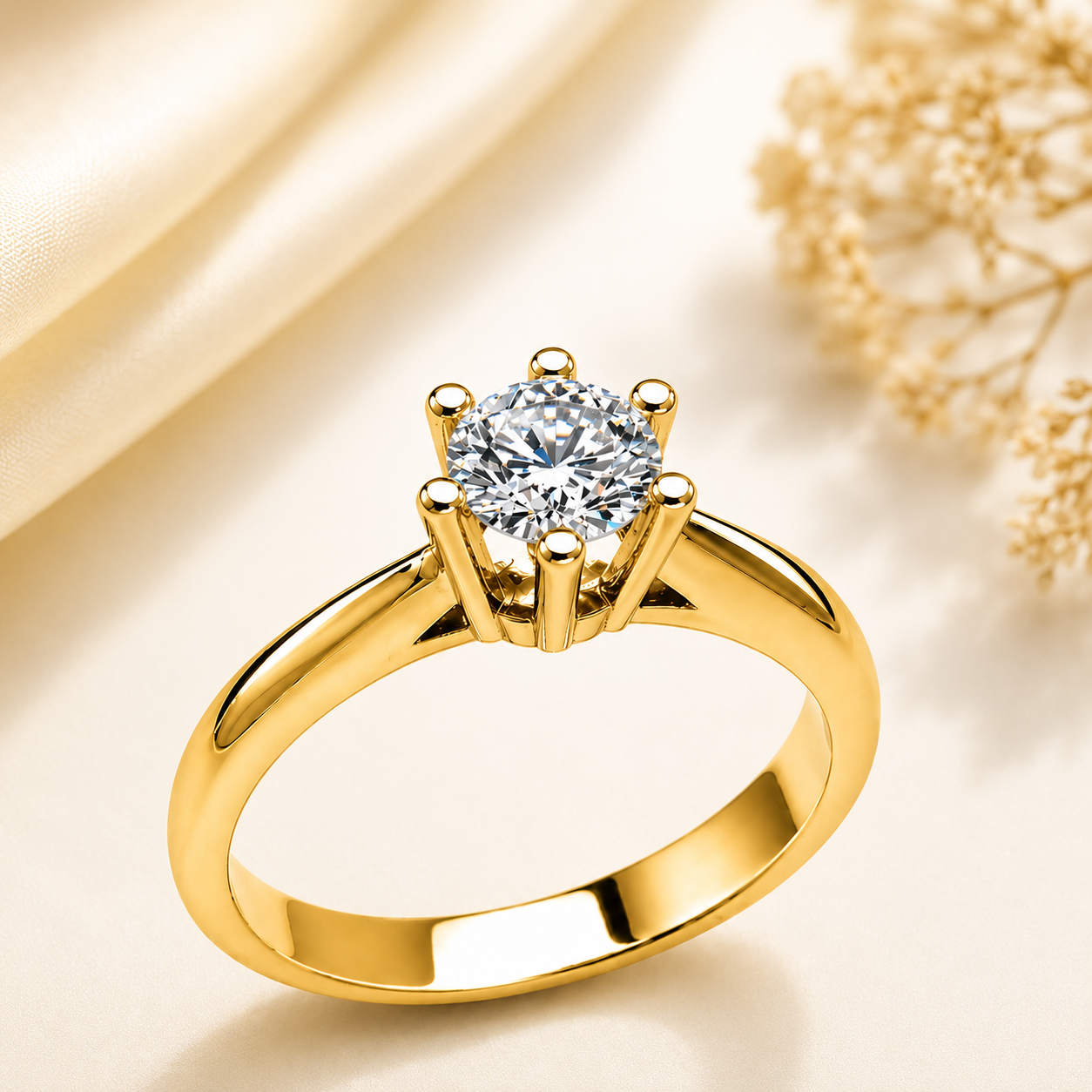 Anello Solitario AS15 in Oro Giallo 18 kt con diamante brillante certificato e montatura classica a sei griffe