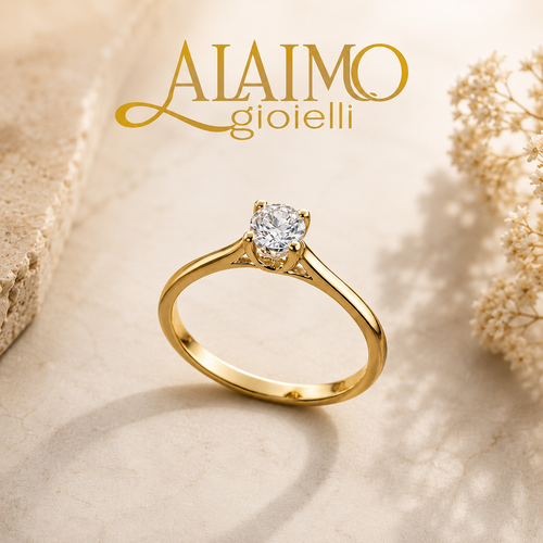 Anello solitario AS55ALG in oro giallo 18 kt con diamante brillante e montatura quadrata a quattro griffe