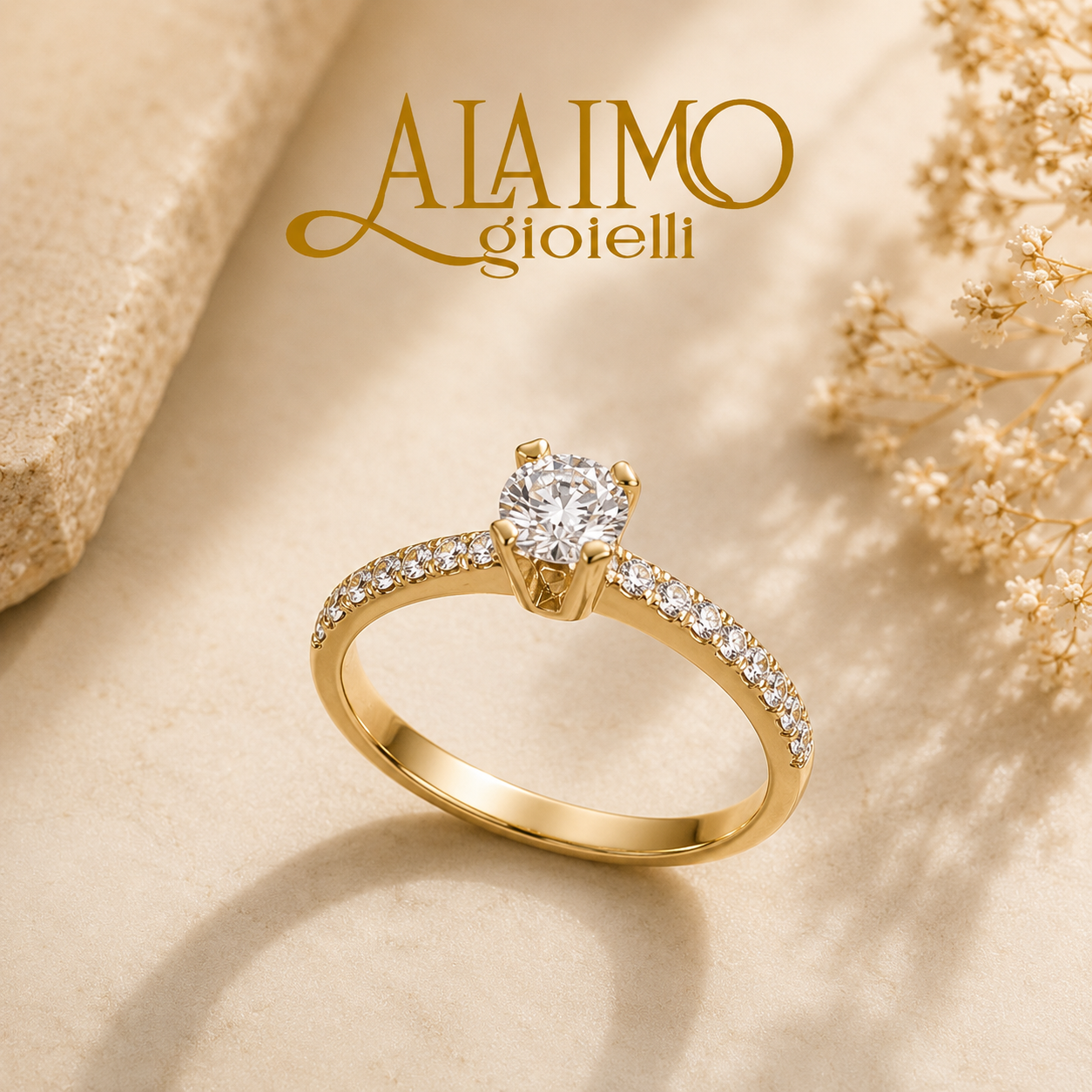 Anello solitario ASP03ALG in oro giallo 18 kt con diamante brillante e pavé di brillanti laterali