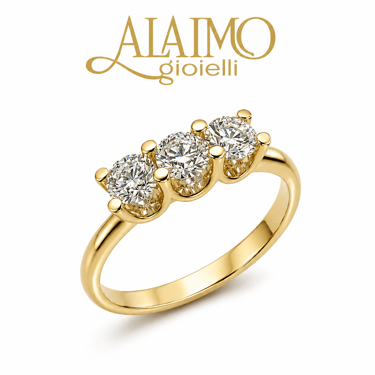 Anello Trilogy PSQ2056 in oro giallo 18 kt con tre diamanti e montatura elegante
